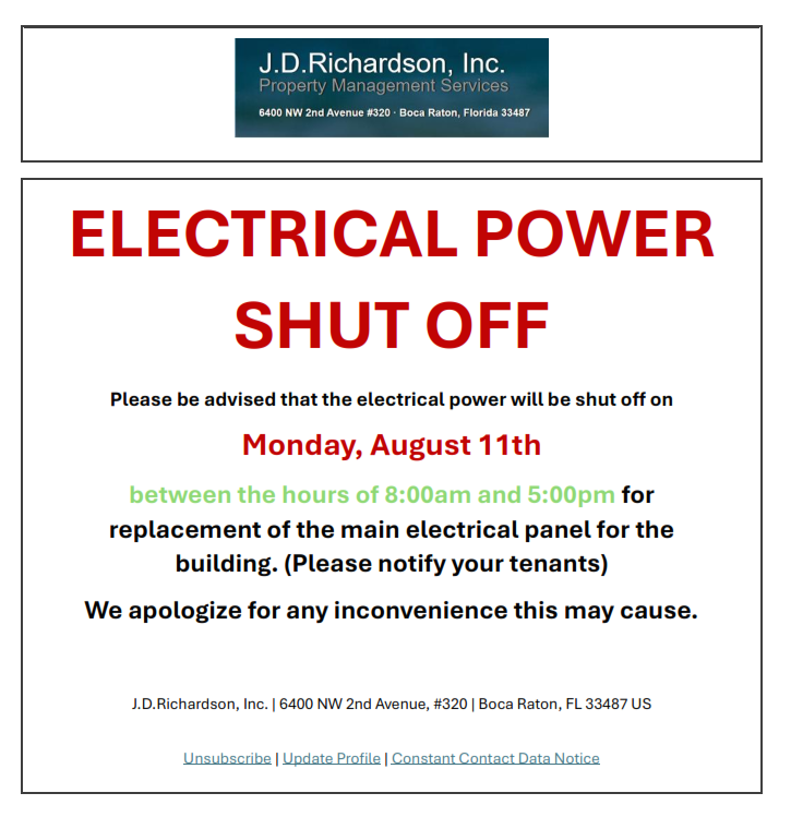 EFFICIENCIES - ELECTRICAL POWER SHUT OFF on Monday, August 11th between 8 AM - 5PM